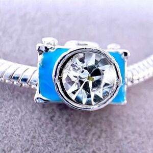 Camera Charm Blue Enamel Crystal Lens Silver Tone Photography Bead fits PANDORA